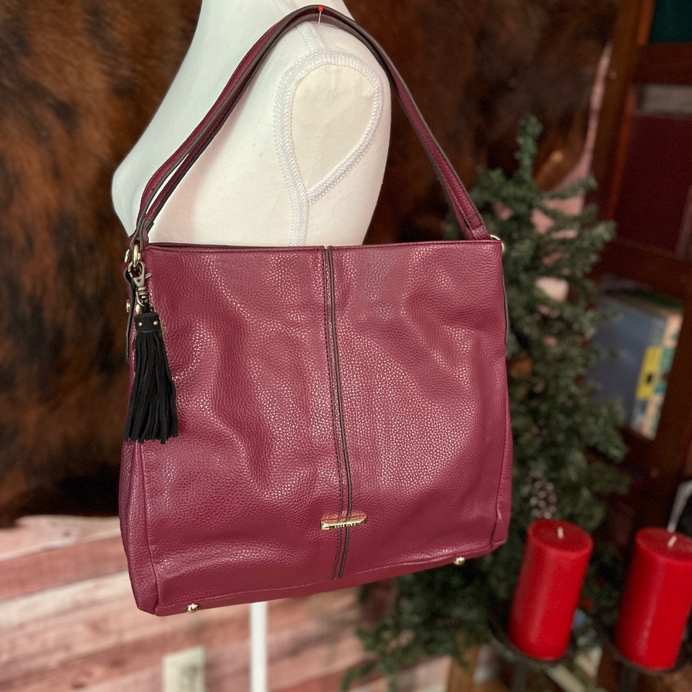 Anne Klein Pebbled Plum Faux Leather Purse w/ Polka Dot Lining